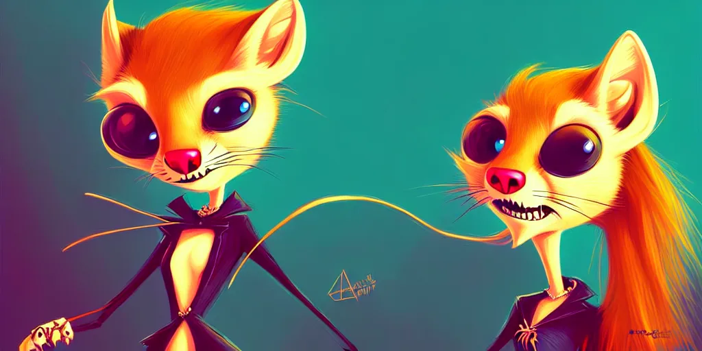 Image similar to curved perspective, extreme narrow, extreme fisheye, digital art of a female marten animal cartoon character wearing jewlery with blonde hairstyle by anton fadeev from nightmare before christmas