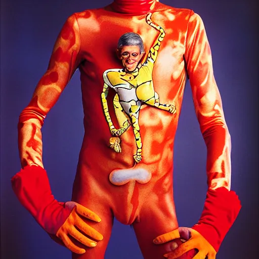 Image similar to uhd photorealisitc candid photo of anthony fauci dressed as slim goodbody. bloody. correct coostume. correct face, accurate face. photo by annie leibowitz and steve mccurry