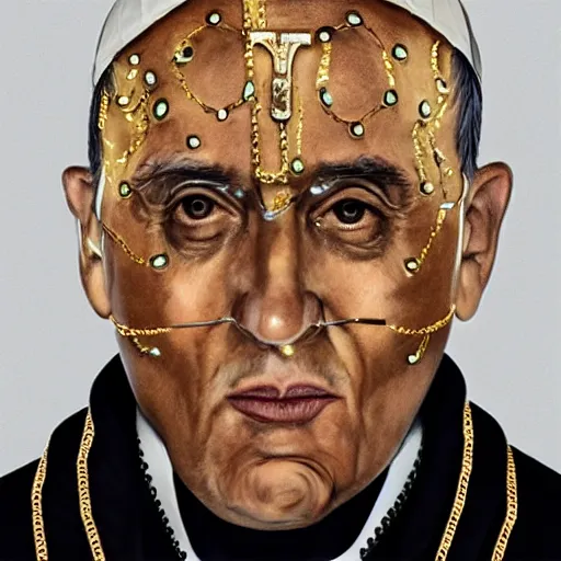 Image similar to pope with face tattoos wearing gold chain, hip hop album art,