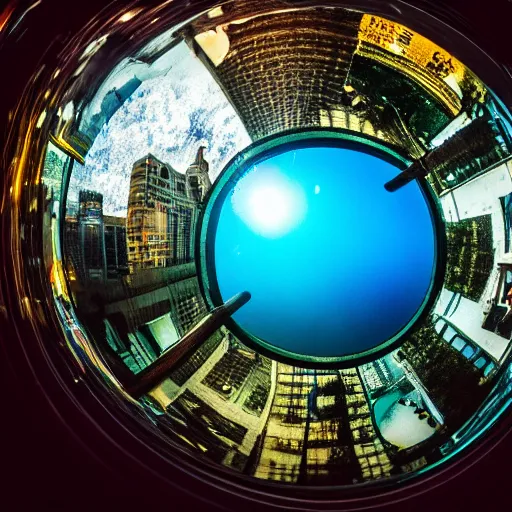 Image similar to fisheye underwater footage of a city street photography