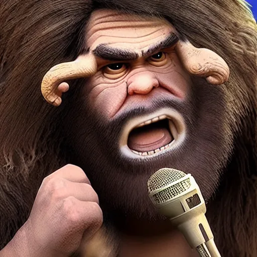 Image similar to caveman doing standup comedy in real life, intricate, highly detailed, detailed, hyper realistic, 4 k, 8 k uhd, realistic, great detail