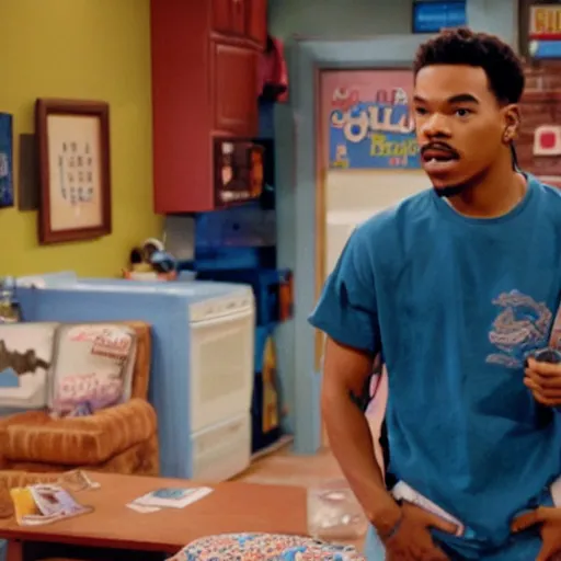 Image similar to a tv still of Chance The Rapper starring as a college student in a 1998 sitcom, 40mm lens