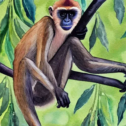 Image similar to A realistic watercolour painting of a spider monkey in a tree, fine detail, washed out background