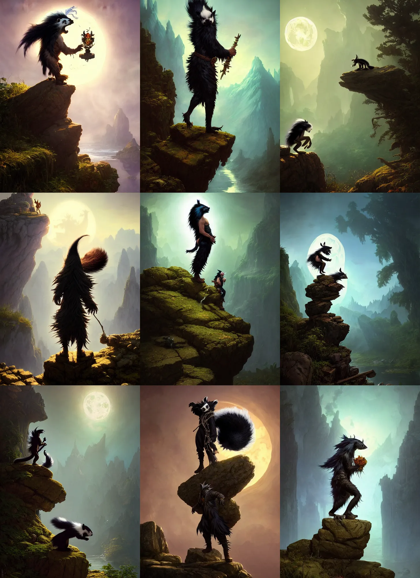 Image similar to skunk warlock standing on top of a rock in the moonlight, DnD character, unreal engine, octane render, dramatic lighting, pond, digital art, by Stanley Artgerm Lau, greg rutkowski, thomas kindkade, alphonse mucha, loish, norman Rockwell