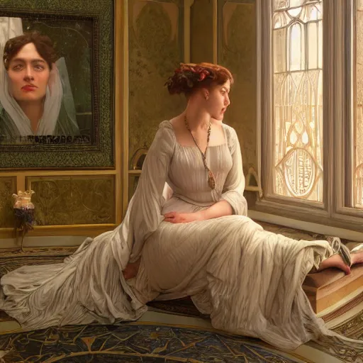 Image similar to a very detailed portrait painting of Vesper Lynd, a very detailed french room, a very detailed dramatic sky, light particles, environment drawn by Donato Giancola and Tom Bagshaw, Edmund Leighton, character design by Alphonse Mucha, 4k, volumetric lighting, komorebi, award winning, octane render, hyperrealistic