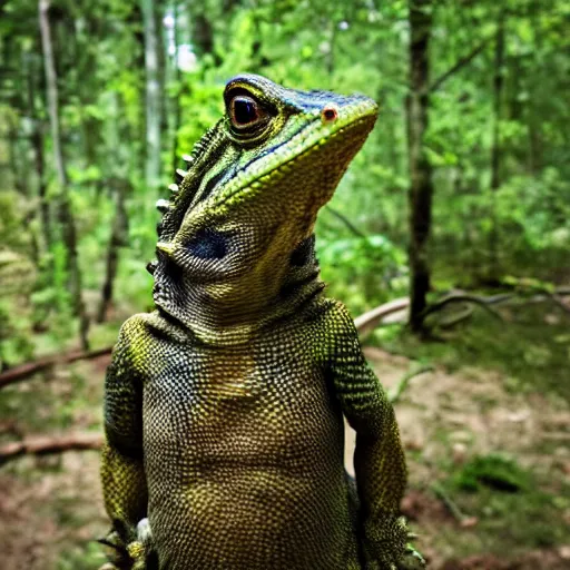 Prompt: camo wearing anthro lizard, photograph captured in the woods