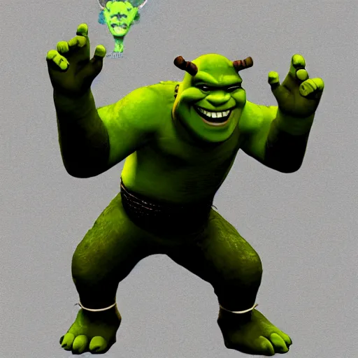 Prompt: Shrek drawn by Kazuma Kaneko for the game Shin Megami Tensei IV, white background