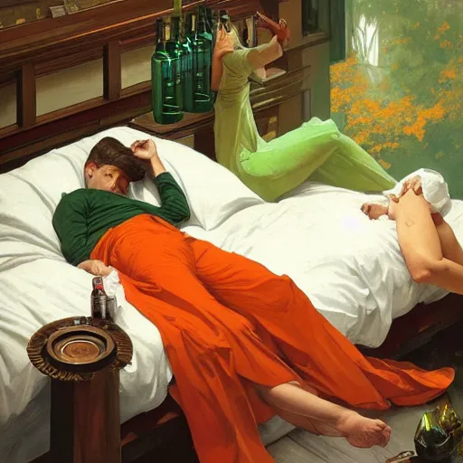 Image similar to guinness bottles and young man in orange shirt and a girl in green shirt sleeping in bed, highly detailed, digital painting, artstation, concept art, smooth, sharp focus, illustration, art by artgerm and greg rutkowski and alphonse mucha