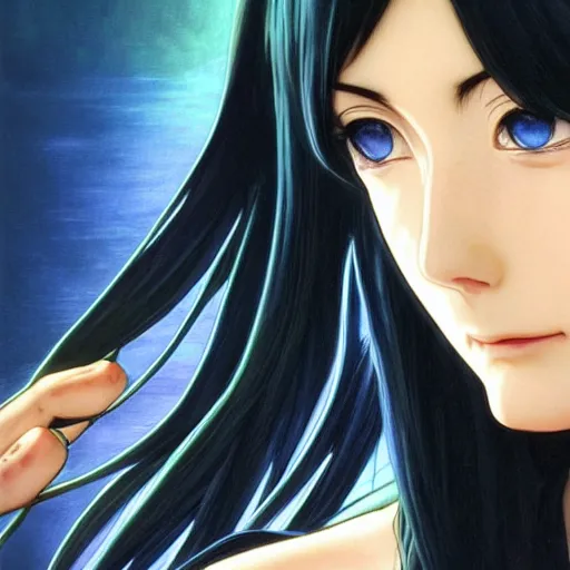 Image similar to intricately detailed vfx portrait of nico robin by eiichiro oda!, makoto shinkai, alphonse mucha, art by artgerm and greg rutkowski!, blue eyes!!, large aquiline nose!!, best of behance, concept art, matte, sharp focus, adolphe bouguereau, annie leibovitz, stanley kubrick,