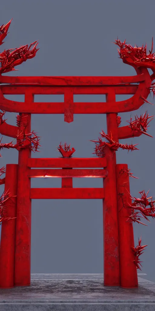 Image similar to 3 d render of a red torii gate sculpture, chrometype, made of liquid metal and marble, neotribal with thorns, japanese temple, raytraced, volumetric lightning, 8 k, by zhelong xu, ouchh and and innate studio