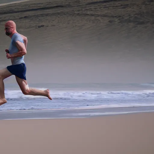 Image similar to Walter White running on the beach, artistic, 8k, cinematic, accurate, symetric, face, dramatic lighting, pastel colours