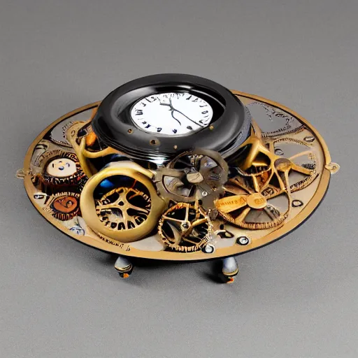 Prompt: steampunk clockwork flying hovercraft 35mm 8k product photo