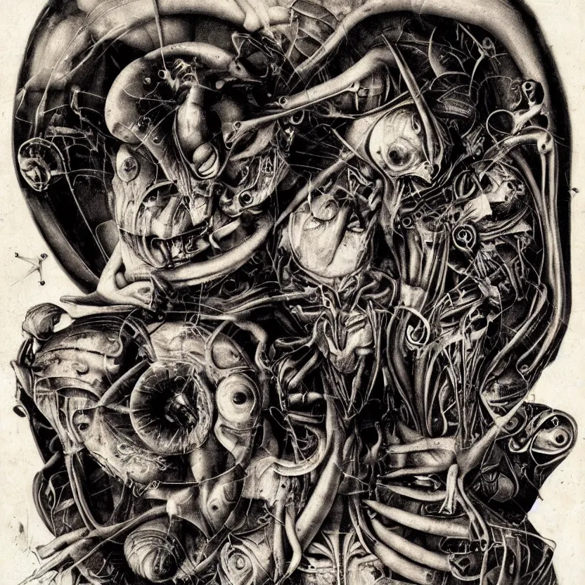 Image similar to post - punk pop techno new age album cover, asymmetrical design, alien? magic, apocalypse, psychedelic, highly detailed, black white pink, magic, giger h. r., giuseppe arcimboldo