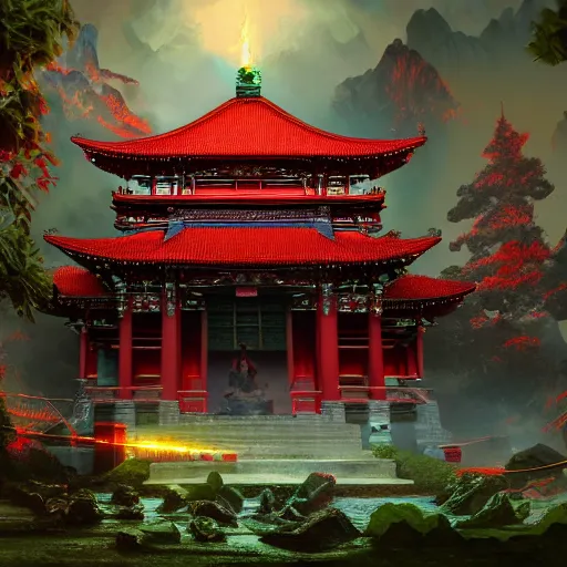 Image similar to a beautiful red asian temple with green details surrounded by torches of blue goblin fire, digital art, 4 k, trending on artstation, devianart and cgsociety