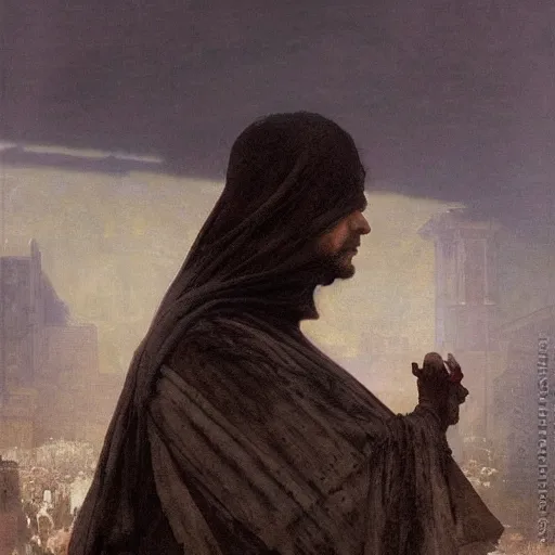 Image similar to half portait of magican wearing a closed cowl and big old book! chained to the wrist, jeremy mann, jean - leon gerome, tiepolo, alphonse mucha, greg rutkowski, face in the shadows, ( ( ruins of ancient rome ) ), at dusk, mysterious atmosphere, sunrays, dof, high detailed, 8 k