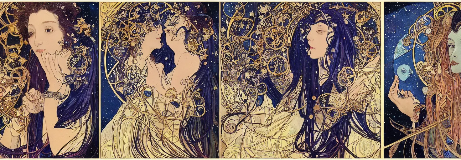 Prompt: the night, awardwinning portrait by sana takeda and alphonse mucha, golden astronomical star constellations and watch gears, traditional moon and candle, blueskinned maiden and fool and crone, ultramarine starry night, peyote colors, intricate stained glass