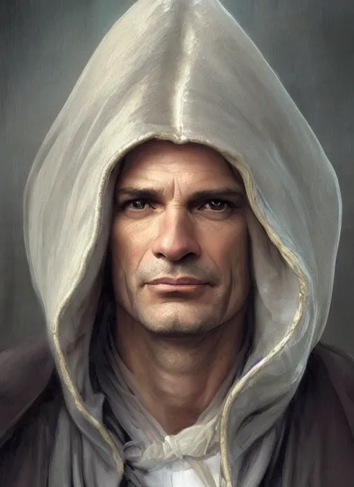 Image similar to a clean shaven man aged 4 0 with tousled blonde hair and hazel eyes and a friendly expression. he is handsome and wearing a grey cloak. head and shoulders portrait painting by artgerm and greg rutkowski and alphonse mucha.