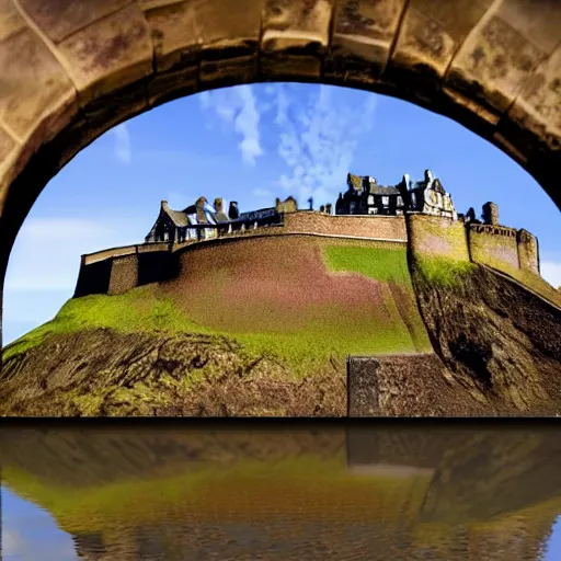 Prompt: Edinburgh Castle rendered as if deep underwater, bubbles in the water