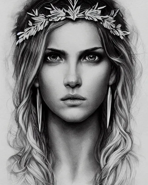 Image similar to beautiful aphrodite greek goddess wearing a laurel wreath and arrowhead earrings, hyper - realistic tattoo sketch, beautiful piercing eyes with sharp pupils, beautiful blonde hair, in the style of greg rutkowski, fantasy, amazing detail, epic, elegant, smooth, sharp focus