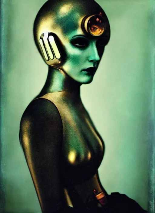 Image similar to photography of beautyful female android steampunk by sarah moon,