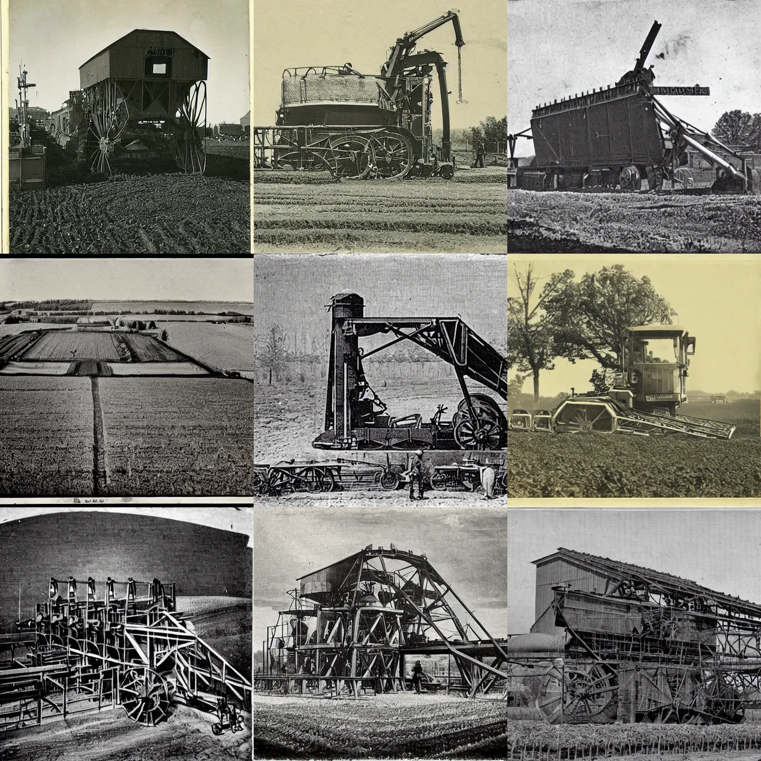 Prompt: an enormous complicated machine built on farmland. 1800s photo.