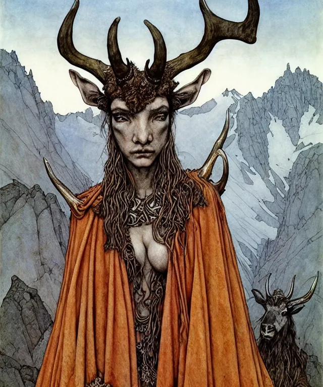 Prompt: by Rebecca Guay. A detailed horned antelopewoman stands among the mountains. Wearing a ripped mantle, robe. Perfect faces, extremely high details, realistic, fantasy art, solo, masterpiece, art by Zdzisław Beksiński, Arthur Rackham, Dariusz Zawadzki