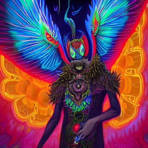 Image similar to A centered chest up portrait of a psychedelic godlike mothman with giant mandala wings smoking a hand-rolled cigarette smoking heavily , magic mushroom village in background , award winning. superb resolution. in the art style of junji Ito and greg rutkowski . Detailed Mushroom city in background. Hyper realistic anime. Perfect art. Dalle2