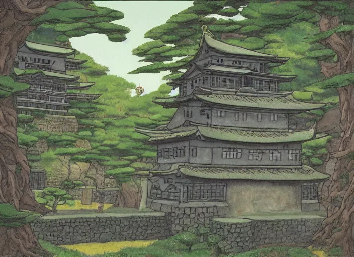 Image similar to japanese fortress in a city inside the forest by studio ghibli painting