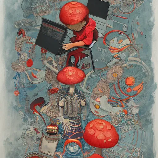 Image similar to an asian kid named joshua who speaks like a mushroom and likes to play video games and calculus problems for fun, an ultrafine detailed painting by james jean, behance contest winner, vanitas, angular, altermodern