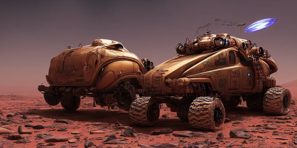 Prompt: steampunk tesla cybertruck rolling on mars 3 d concept art, dust around, planet venus backdrop, cinematic lighting, intricate details, octane rendering, trending on artstation, featured on behance