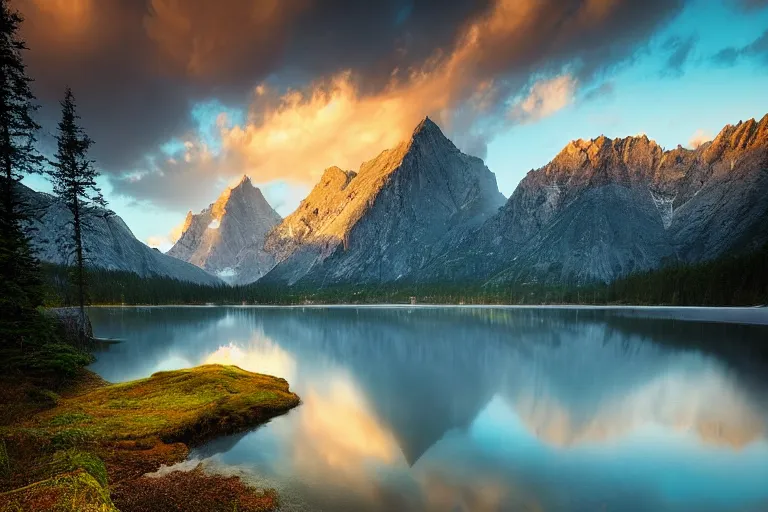 Prompt: landscape photography by marc adamus, mountains, a lake, dramatic lighting, mountains, a tree in the foreground