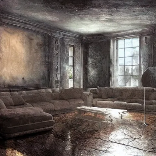 Image similar to a room with a single couch, the room is filled halfway full with water, liminal space, dark, hyper realistic, highly detailed.