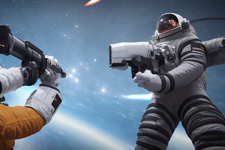 Prompt: astronaut aims a gun at a second astronaut, with earth in the background, unreal engine 5, dark space