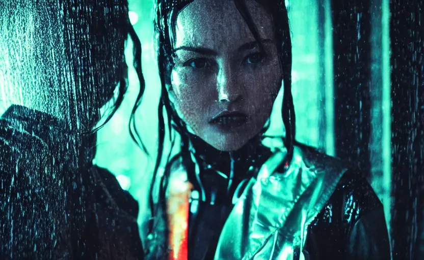 Image similar to cinestill 5 0 d candid action photographic portrait by quentin tarantino of two loving female androids wearing rugged black mesh techwear in treacherous waters, extreme closeup, modern cyberpunk tesla retrofuturism moody emotional cinematic, pouring iridescent rain, 8 k, hd, high resolution, 3 5 mm, f / 3 2, motion blur, ultra realistic faces, ex machina