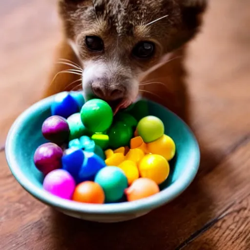 Prompt: a miserable little creature eating a bowl of marbles