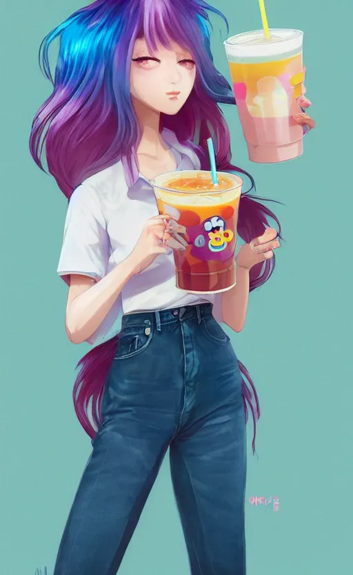 Image similar to a kawaii woman with rainbow hair, happy, summer time, holding boba tea drink, soft eyes and narrow chin, dainty figure, long hair straight down, kawaii shirt and jeans, basic white background, In style of by Jordan Grimmer and greg rutkowski, crisp lines and color