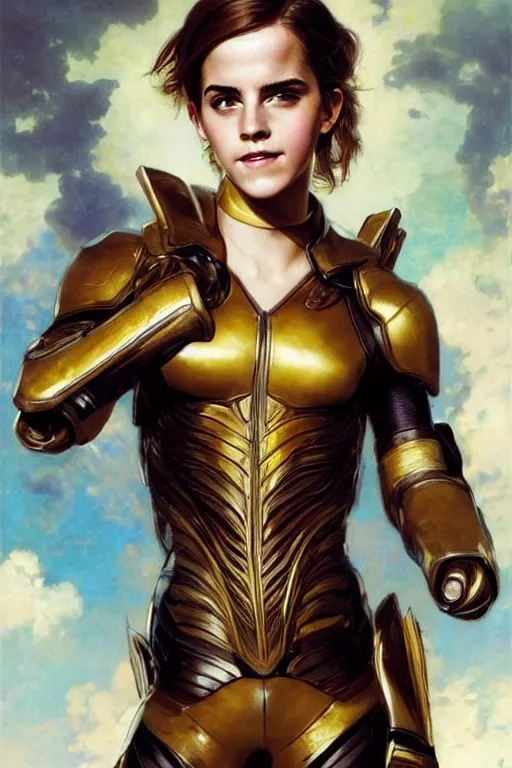Prompt: emma watson smiling closeup portrait futuristic fractal fightsuit bustier armoured shorts gaston bussiere craig mullins j. c. leyendecker short wet hair