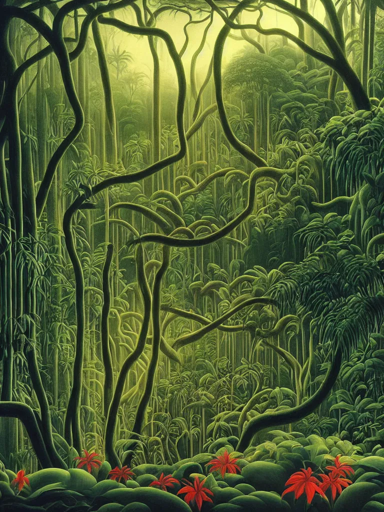 Image similar to A beautiful painting of a foreboding atmosphere inside the lush Malaysian jungle, dense exotic rainforest flora and fauna where time seems to stand still, creeping tree vines that looks like bloody entrails, tree roots like severed limbs by Martin Johnson Heade, Hiroshi Sugimoto, Henri Rousseau, medium close up shot, wide angle lens, photo realistic, anaglyph filter, cinematic mood lighting, National Geographic photograph, cinematography of Apocalypse Now (1977), trending on Art Station.