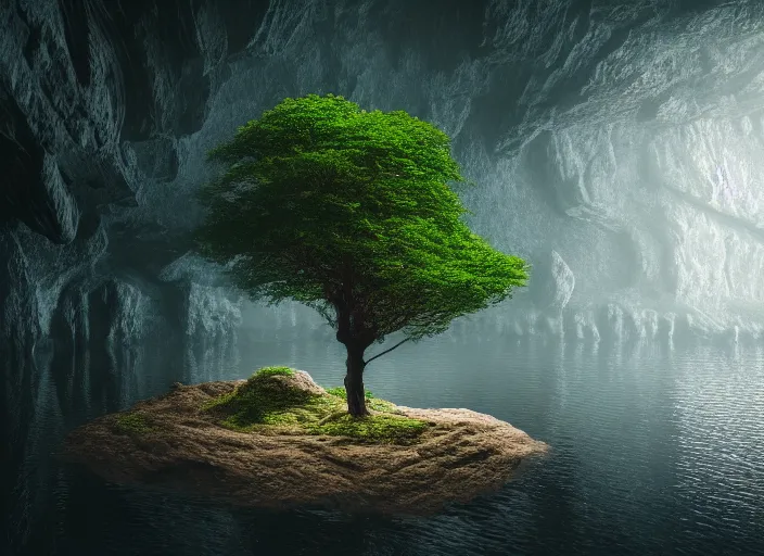 Image similar to a small tree on an island in a river in an underground cave. fantasy magic style. highly detailed 8 k. intricate. lifelike. soft light. sony a 7 r iv 5 5 mm. cinematic post - processing