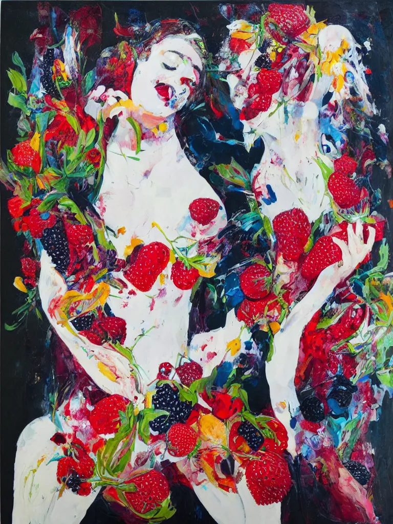 Image similar to “art in an Australian artist’s apartment, organic, portrait of a woman wearing white silk, neoexpressionist, eating luscious fresh raspberries and strawberries and blueberries, edible flowers, black background, acrylic and spray paint and wax and oilstick on canvas”