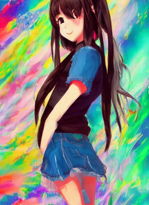 Image similar to a girl wearing thrifty clothing, very anime, trending artwork, 4 k, dynamic, anime painter studio, an impressionist style