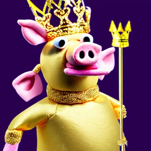 Image similar to full body zoomed out photo of pig king wearing a gold crown depicted as a muppet