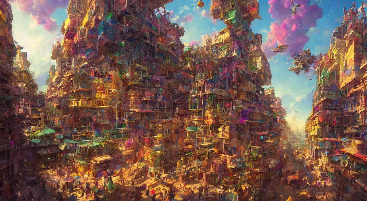 Image similar to bazaar zouk place aladin block greeble multicolorful sky shine mattepainting, street art, trending on artstation, by huang guangjian and gil elvgren and sachin teng