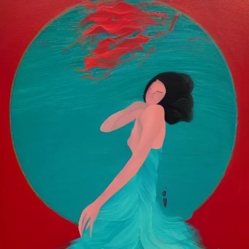 Image similar to beauty silhouette drowning in a turquoise wavy sea, feminine, healing, appeasing, waves, tsunami, she loves another one, mental health, oil painting, by francis bacon, emotional conflict, hd, 8 k, trending on artstation, paradoxal, perfect framing, neo - expressionism, expressive