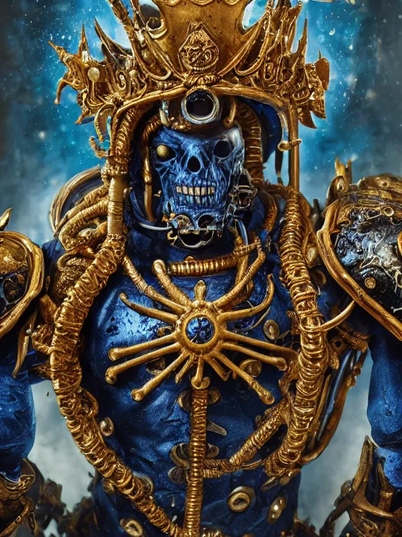 Image similar to portrait art of 8k ultra realistic undead eldritch horror blue space marine king, detailed ornate gold crown, detailed intricate ornate armour,decaying, cybernetic, full of colour, cinematic lighting, battered, trending on artstation, 4k, hyperrealistic, focused, extreme details,unreal engine 5, cinematic, masterpiece, art by ayami kojima, giger