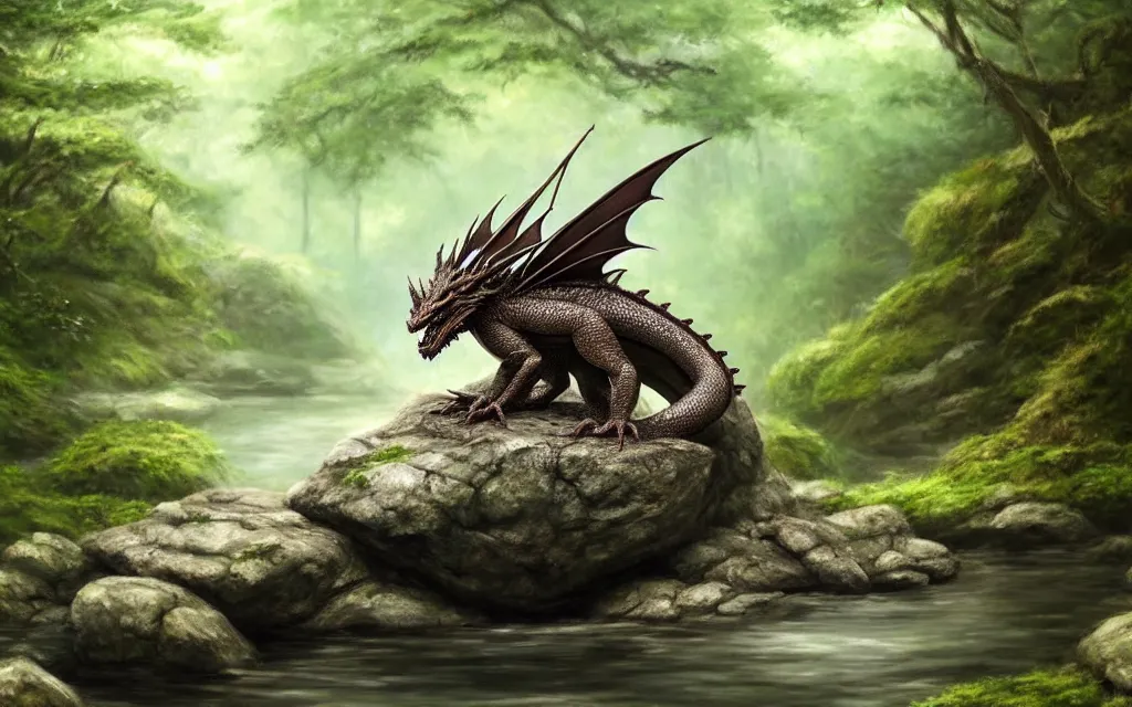 Image similar to A single dragon sitting on a rock within a woodland creek, highly detailed, trending on pixiv, realistic oil paint artwork made in 2020.