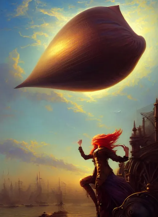 Image similar to portrait painting of a handsome face rugged long hair crimson hair male pirate, top half portrait soft hair steampunk ornate zeppelin blimp airship in the background sky sunset golden hour fantasy soft hair trending on artstation deviantart book cover art dramatic volumetric lighting art by stephan martiniere wlop greg rutkowski gaston bussiere