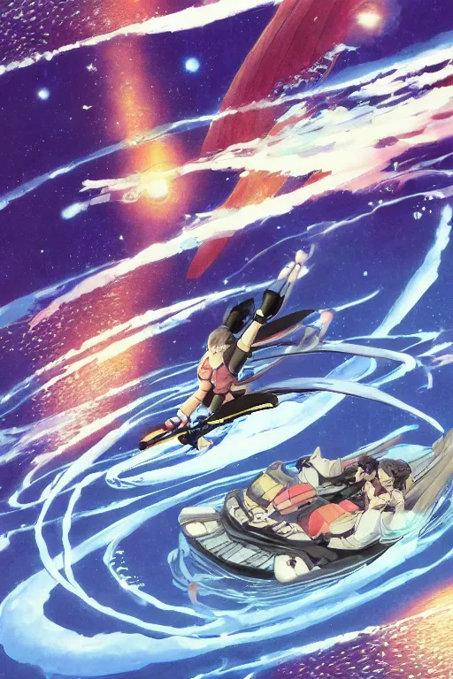 Prompt: a woman floating on a river in space, last exile, loish, yoshitoshi abe, yuya nagai, murata range, jean giraud, makoto shinkai, kawaii, sketch, beautiful, highlights, cosmic, dreamy,gradation, vibrant colors, matte print, high saturation, detailed, studio lighting, ghibli, anime, manga