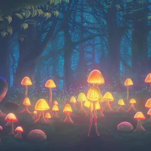 Image similar to A beautiful ultradetailed anime illustration of a group of glowing mushrooms in a dark forest by beeple, studio ghibli, wallpaper, highly detailed, trending on artstation