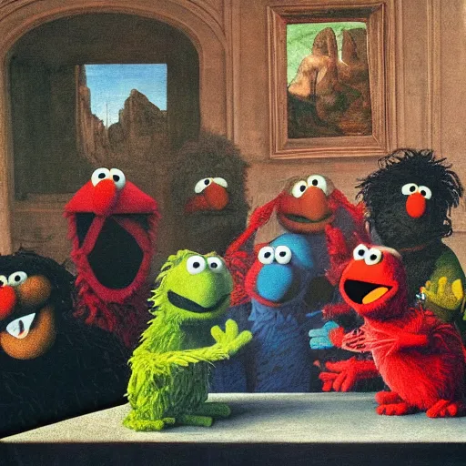 Image similar to A religous painting of Elmo from Sesame Street talking to his followers who are muppets, painted by Michelangelo.